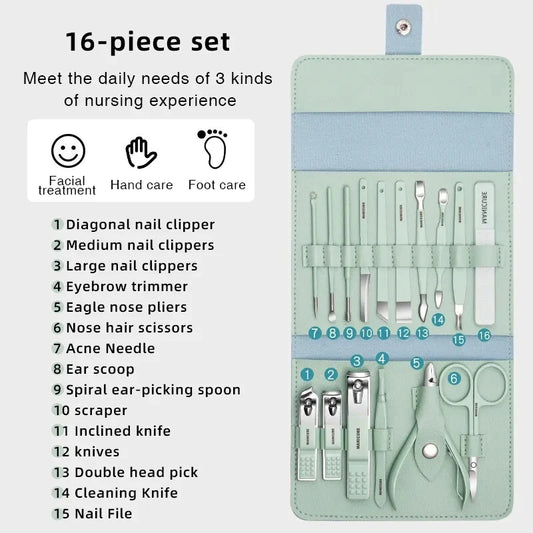 Manicure Pedicure Grooming Kit, Stainless Steel set, Nail cutter set, Nails Care, Clipper, Nails tool Set, Professional Spa kit, Nipper, 16pcs set