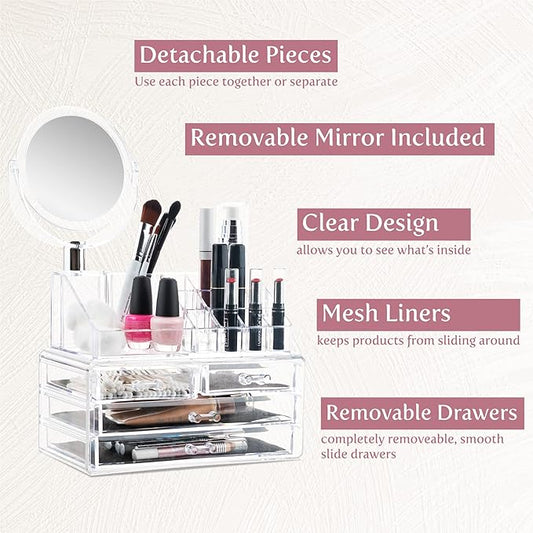 Transparent and Elegant Makeup Organizer with Mirror for Makeup and Accessories