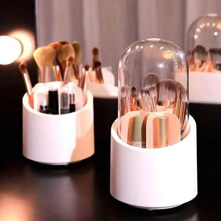 360° Rotating Makeup Brush Holders Organizer Transparent Makeup Brush Box With Lid Dust Proof Vanity Desktop Bathroom Counter Cosmetic Accessories (Transparent White)