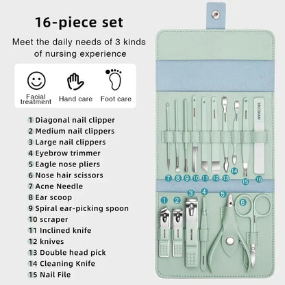Manicure Pedicure Grooming Kit, Stainless Steel set, Nail cutter set, Nails Care, Clipper, Nails tool Set, Professional Spa kit, Nipper, 16pcs set