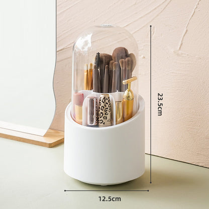 360° Rotating Makeup Brush Holders Organizer Transparent Makeup Brush Box With Lid Dust Proof Vanity Desktop Bathroom Counter Cosmetic Accessories (Transparent White)