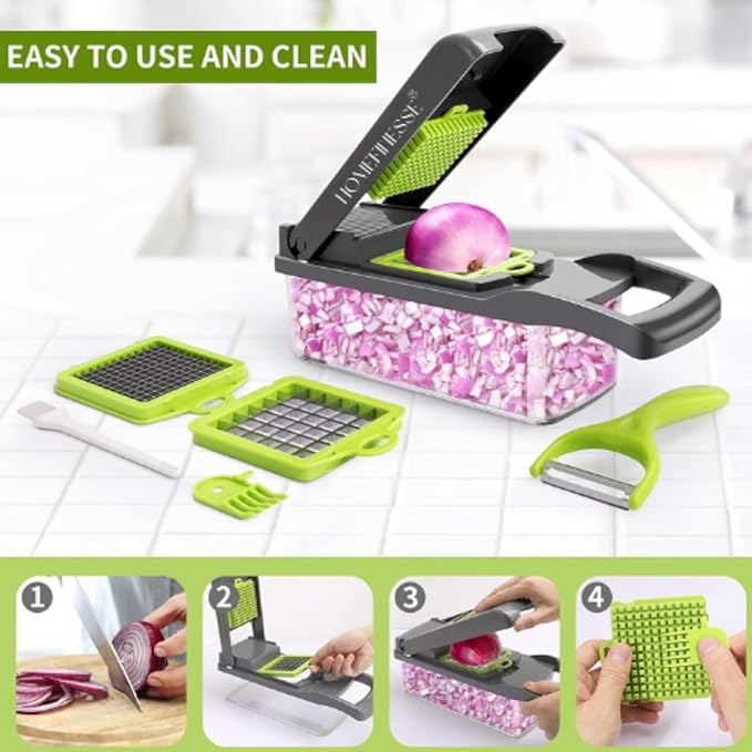 16-in-1 Multifunctional Food Chopper, 8 Blades Vegetable Slicer, Onion Chopper Vegetable Cutter & Adjustable Veggie Slicer, Potato Dicer Chopper, Container for Salad Garlic