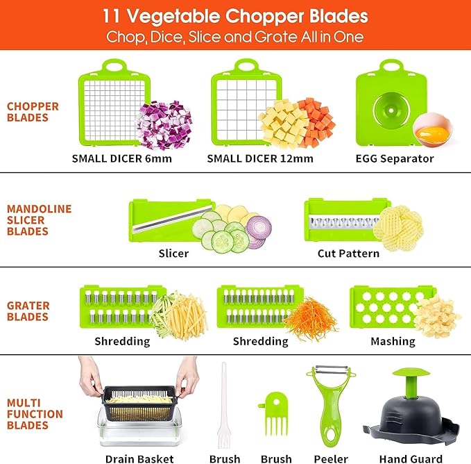 16-in-1 Multifunctional Food Chopper, 8 Blades Vegetable Slicer, Onion Chopper Vegetable Cutter & Adjustable Veggie Slicer, Potato Dicer Chopper, Container for Salad Garlic