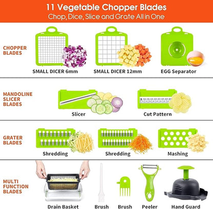 16-in-1 Multifunctional Food Chopper, 8 Blades Vegetable Slicer, Onion Chopper Vegetable Cutter & Adjustable Veggie Slicer, Potato Dicer Chopper, Container for Salad Garlic