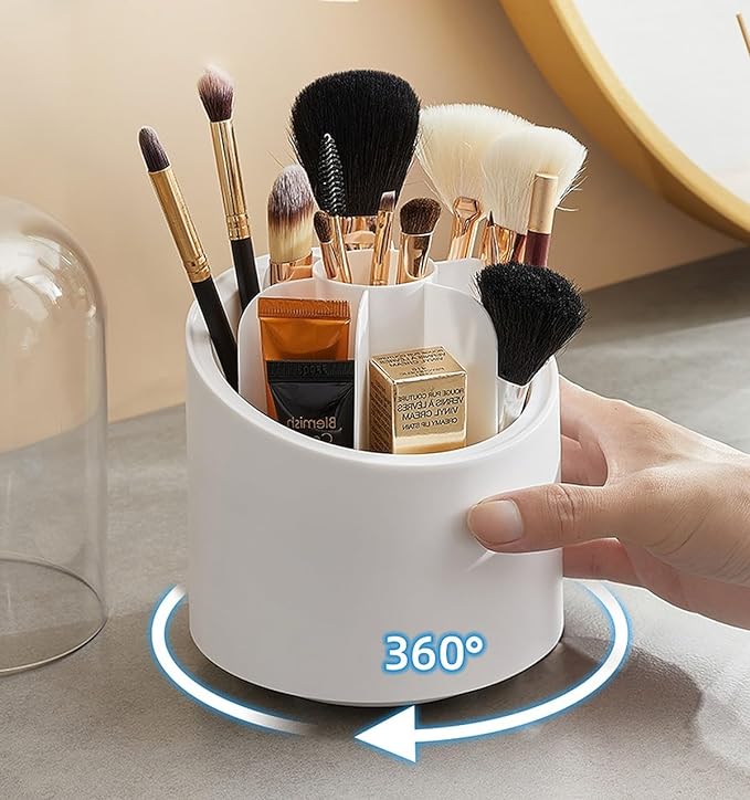 360° Rotating Makeup Brush Holders Organizer Transparent Makeup Brush Box With Lid Dust Proof Vanity Desktop Bathroom Counter Cosmetic Accessories (Transparent White)