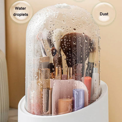 360° Rotating Makeup Brush Holders Organizer Transparent Makeup Brush Box With Lid Dust Proof Vanity Desktop Bathroom Counter Cosmetic Accessories (Transparent White)